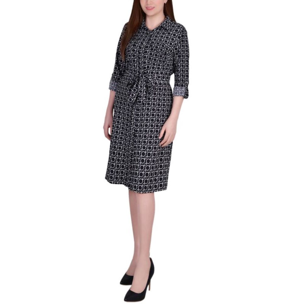 NY Collection Petite Printed Long Sleeve Roll Tab Shirtdress